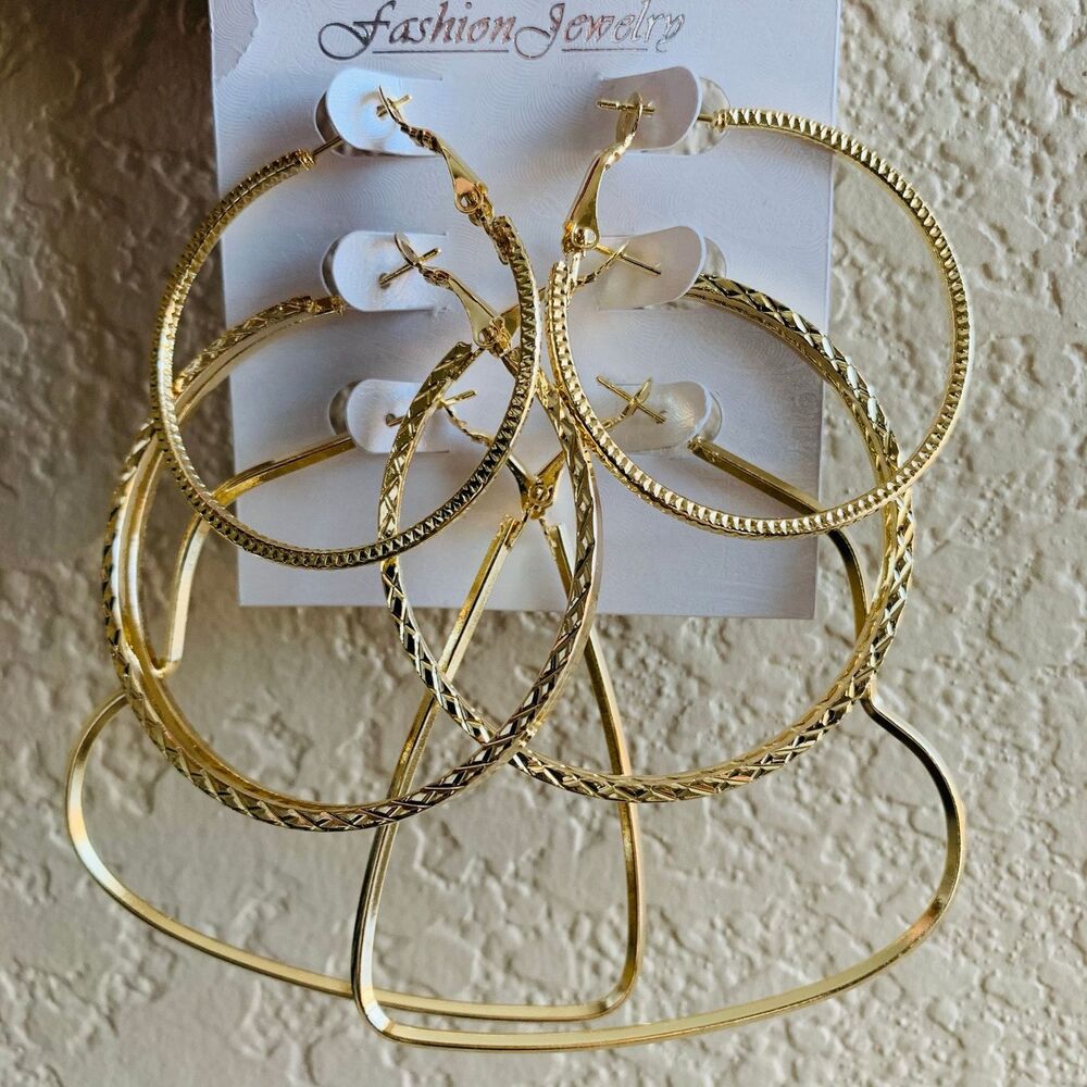 Earrings Hoop  Trendy Golden Deco 3 Earrings set Chicano baddie streetwear